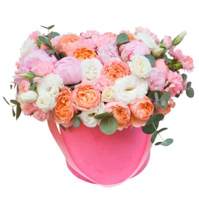 Букет в шляпной коробке «Розовая фантазия»