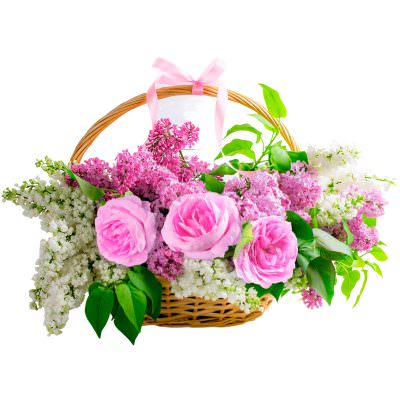 Корзина с розами и сиренью «Нежный рассвет»