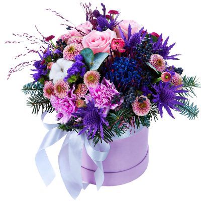 Шляпная коробка с пионами «Сиреневое чудо»